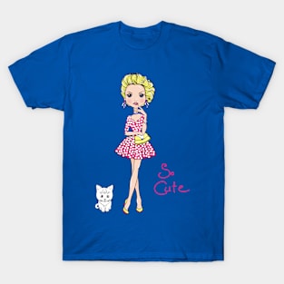 Pop Art girl in dress with cat T-Shirt